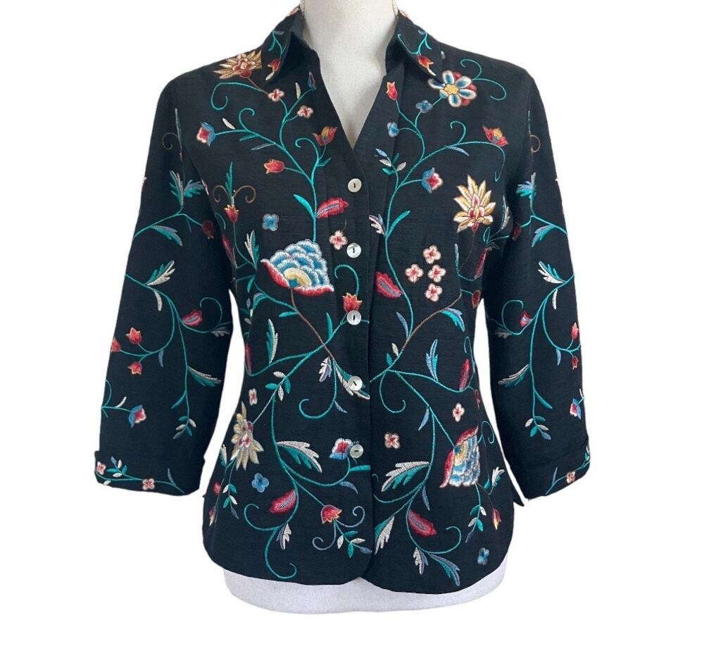 Silk Land 100% Silk Embroidered Black Blazer Small